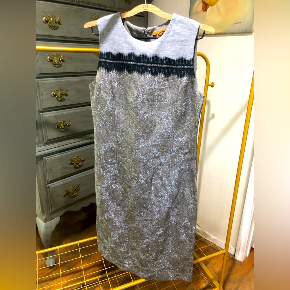 Grey and black wool dress with silver decorative stitching all over